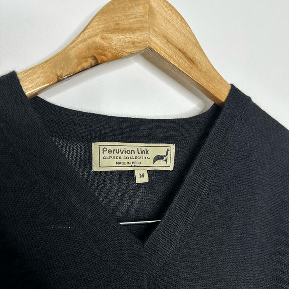 PERUVIAN LINK V neck Pullover sweater black alpaca mid weight mens medium M - Picture 4 of 8